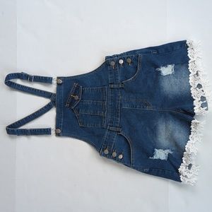 Distressed Embroidered Floral Jean Short Overalls M Blue Y2K Shortalls